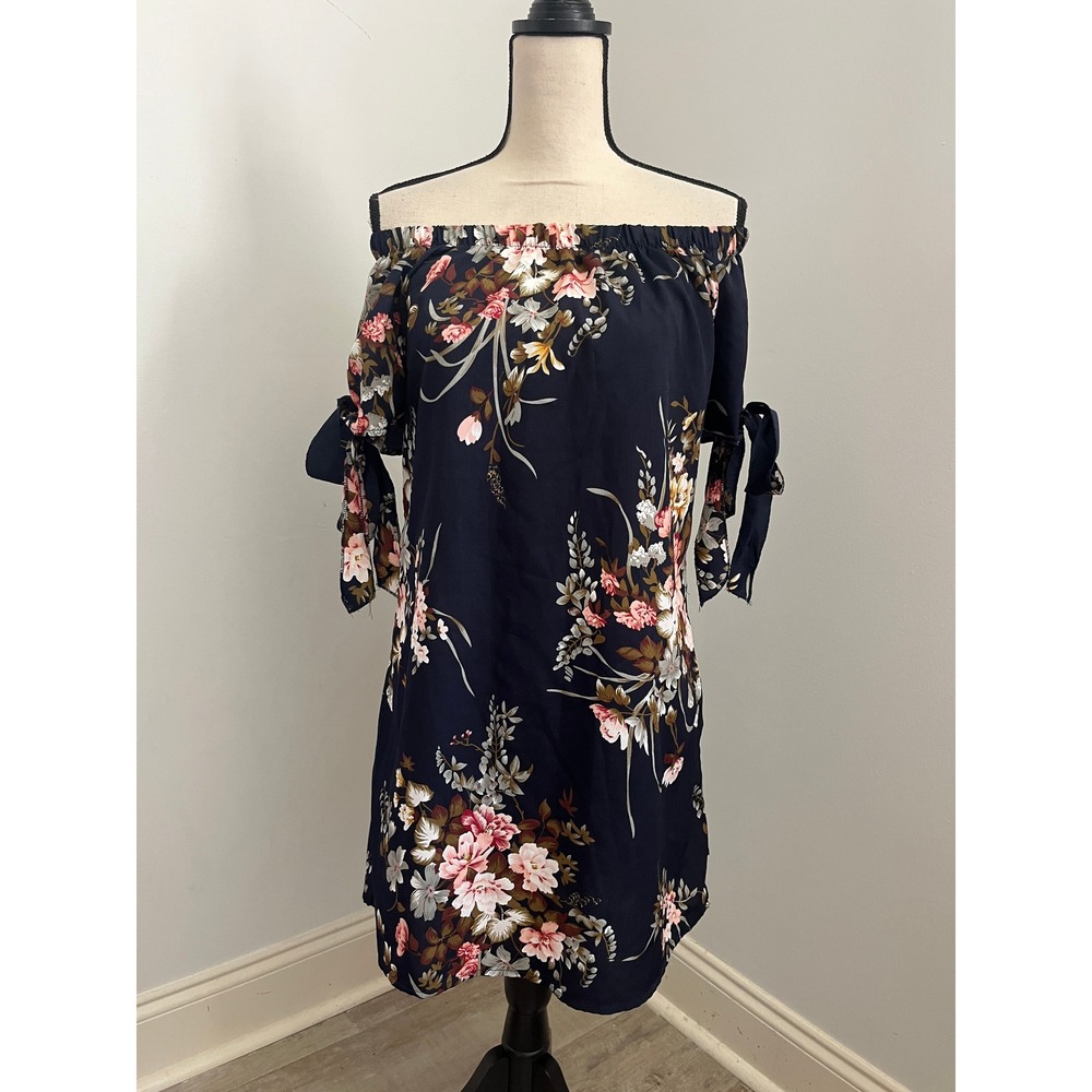 Navy Blue Floral Off the Shoulder Mini Dress Small Tie Sleeve Boho‎ Chic Summer